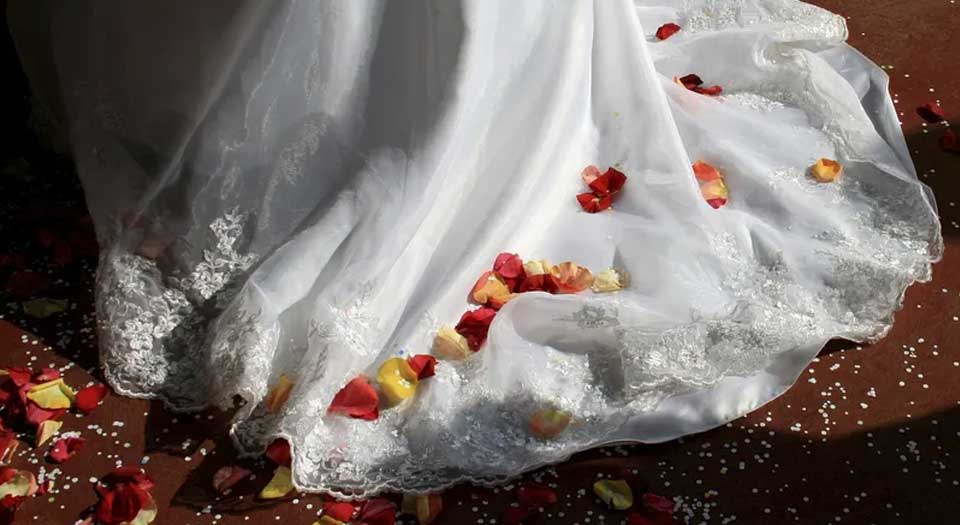 rose petals bridal gown