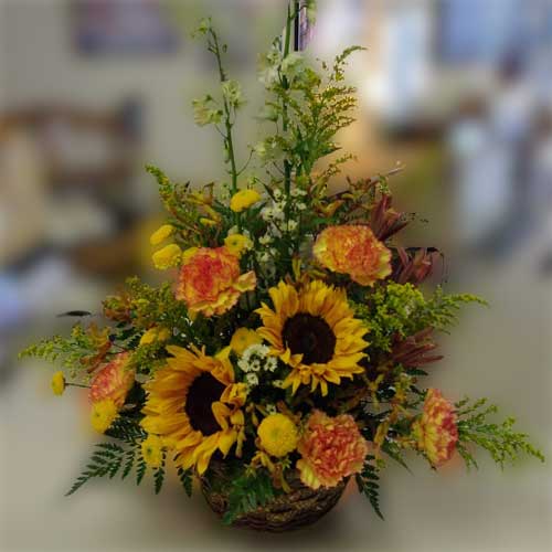 fall arrangement with sunflowers