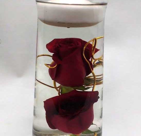submerged roses arranged in a cylinder vase