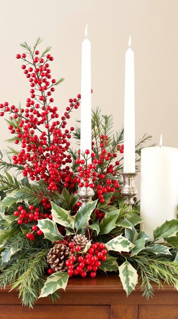 Christmas_centerpiece_with_candles_fresh_evergreens_and_variegated_holly