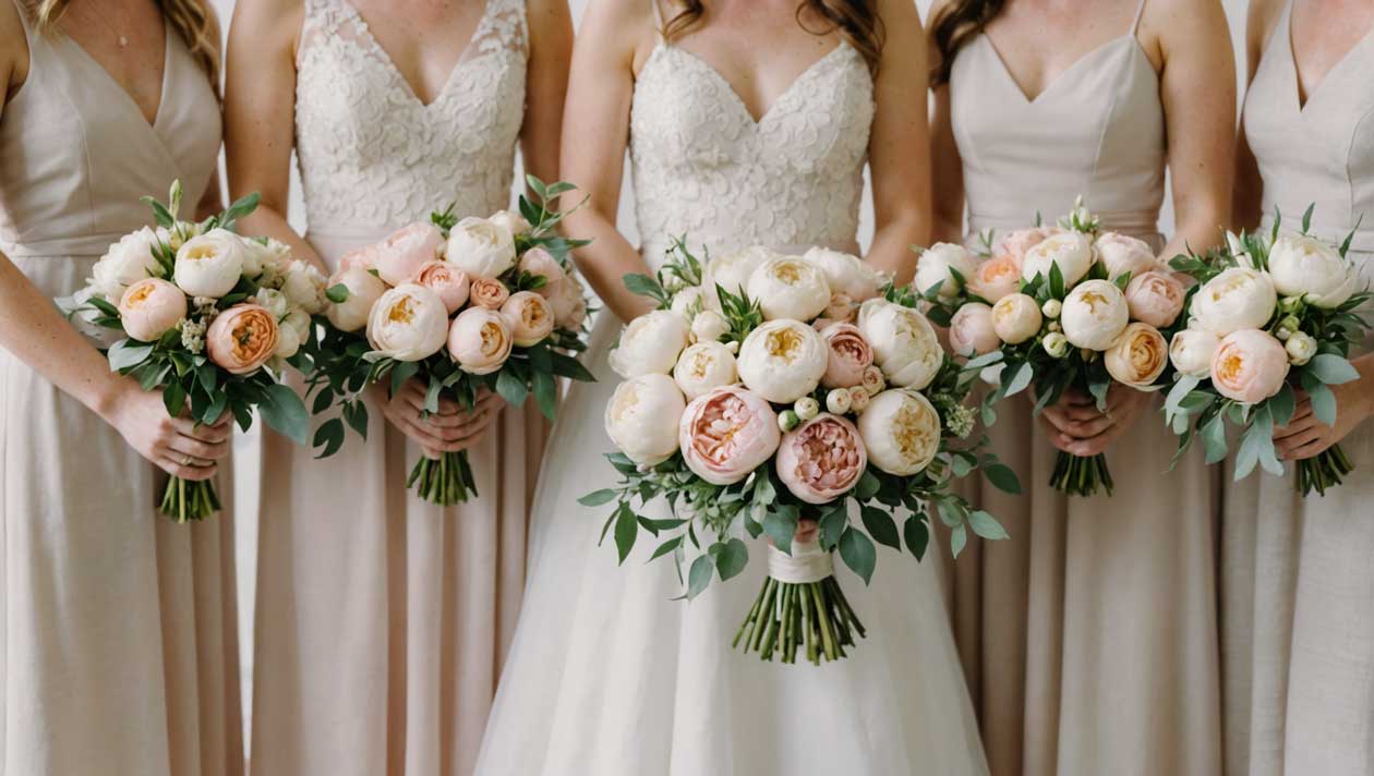 peach bridal bouquet and
bridesmaids bouquets