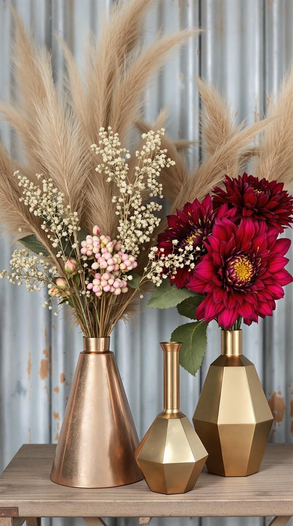 metallic floral arrangements displayed