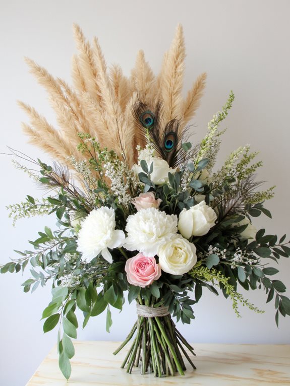 bohemian feather and floral arrangements