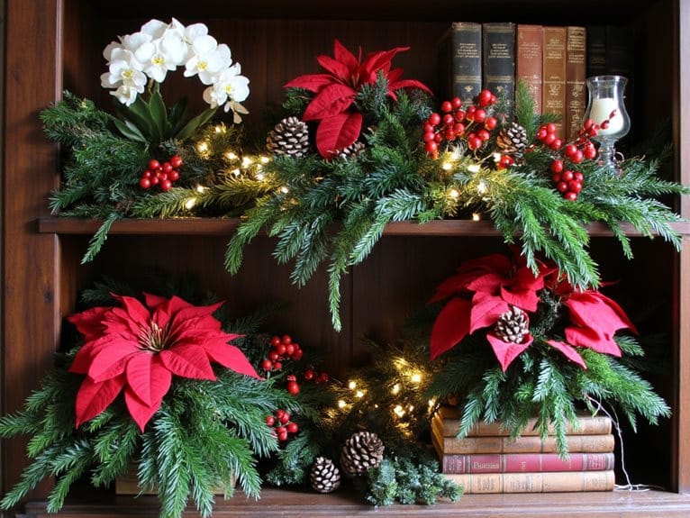 festive bookshelf floral arrangements