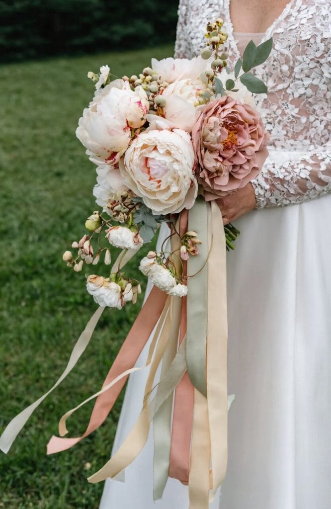 peony trailing ribbon bouquet